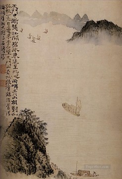 Shitao boats to the door 1707 old China ink Oil Paintings
